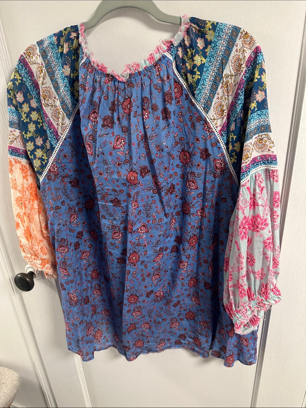 Sundance Blue Floral Patchwork V-Neck Tunic with Multi-Color Sleeves - Picture 4 of 5